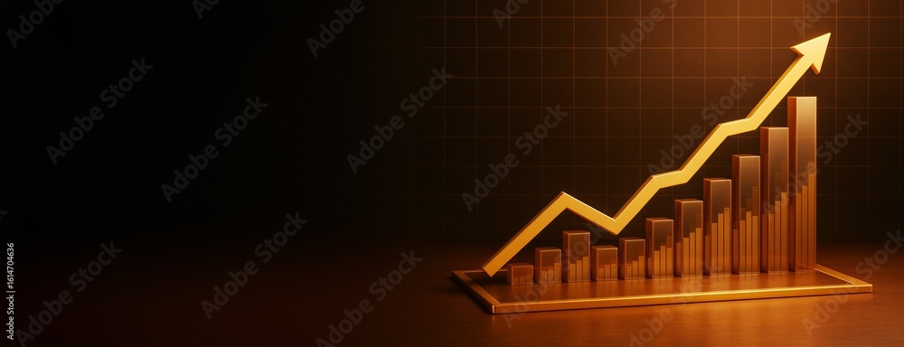 Poster golden 3d bar chart with rising arrow on dark grid background for business success or financial grow