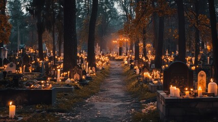 Candlelit serenity, illuminating memories within a forested cemetery scape
