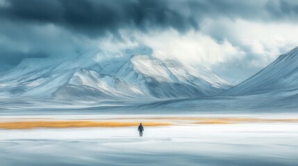 Solitude amidst the arctic landscape of snowcapped mountains and endless white expanse