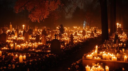 Eerily beautiful cemetery bathed in candlelight, showcasing a mystical atmosphere