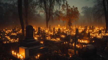 Eerie ambiance, illuminated cemetery with candles, creates a spiritual reflection