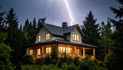 A two-story house, lit from within, stands amidst a dark forest as a lightning bolt strikes the night sky above
