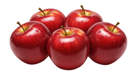 Five ripe red apples isolated on transparent background
