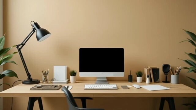 Front view of a modern minimalist desk setup with organized creative tools and neutral beige background, ultra clean and symmetrical composition