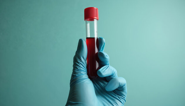 Gloved hand holds test tube with blood sample. Focus on sterile, precise medical analysis and scientific research. Essential for health care, laboratory diagnostics, and clinical investigation.