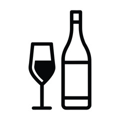 Black outline icon of a wine glass filled with dark liquid next to a bottle drink beverage
