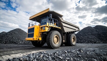 Obraz premium Massive yellow haul truck parked in an open-pit coal mine against a dramatic cloudy sky, representing the heavy industry of mineral extraction.