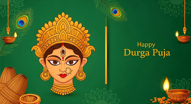 Durga Puja Illustration with Goddess Face Peacock Feathers and Diya Lamps 1
