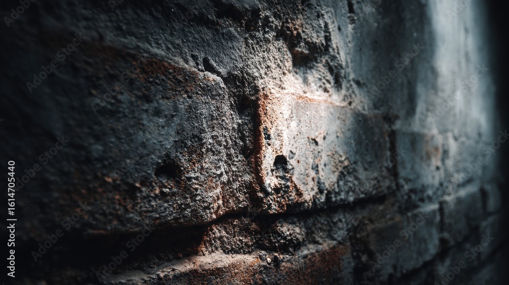 Poster a close view of a weathered brick wall reveals intricate textures, with a play of light and shadows 
