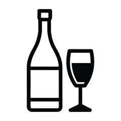 Black outline icon of wine bottle and glass filled with dark liquid drink beverage