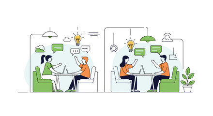 Collaborative learning and brainstorming session between two individuals in a modern workspace setting with thought bubbles representing ideas
