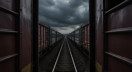 between two train cars, shows parallel tracks stretching into the distance under a foreboding, stormy sky, conveying a powerful sense of journey and mystery
