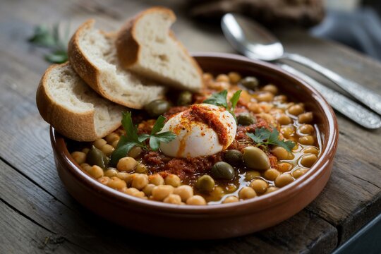 A rustic Tunisian bowl of Lablabi, featuring chickpeas in spiced broth with torn bread, poached egg, harissa, capers, and olives