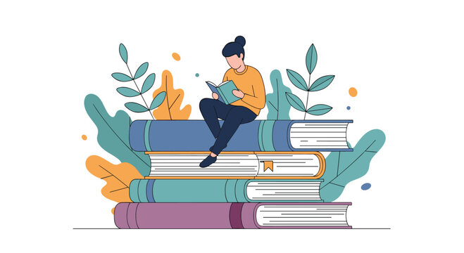 Young woman sitting on stack of books surrounded by green leaves enjoying reading literature education