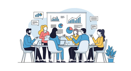 Diverse team of professionals collaborates around a table discussing financial reports and charts in a modern office setting fostering teamwork and strategic planning for business growth
