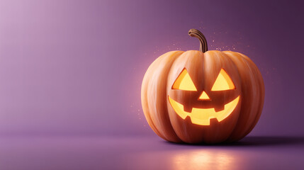 A single, cute Jack-o'-lantern with a happy, friendly carved smile is glowing warmly from within, against a simple, clean background.