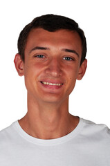 portrait of a young man on a white background, blue-eyed brunette smiling