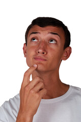 pensive look up, portrait of a young man on a white background