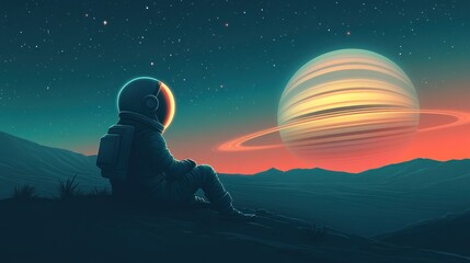Against the backdrop of the immense gas giant, the astronaut gazes out at the desolate lunar landscape. His helmet reflects the soft glow of the rings around the planet.