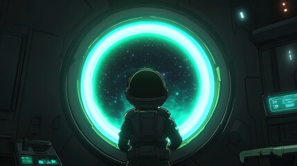 An astronaut watches the cosmos from the window of a spaceship.