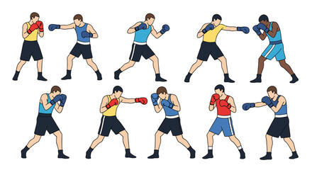 Collection of dynamic boxing poses showing combatant action and athletic stance in sports competition