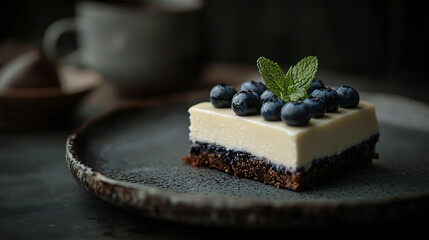 Slice of Blueberry Cheesecake with Fresh Mint on Ceramic Plate