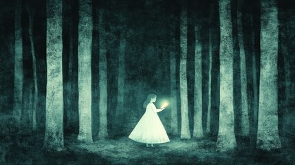 Surrounded by tall trees, a little girl in a white dress is carefully studying a glowing book.