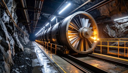 Fototapeta premium Futuristic engineering concept of a massive gas turbine engine on rails within a subterranean industrial rock tunnel.