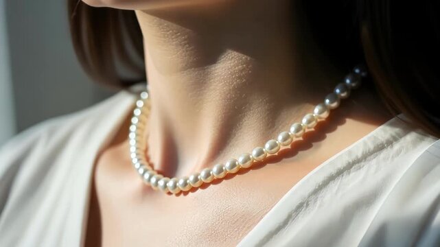 Elegant pearl necklace on woman's neck with sunlit shadow. Luxurious jewelry fashion.