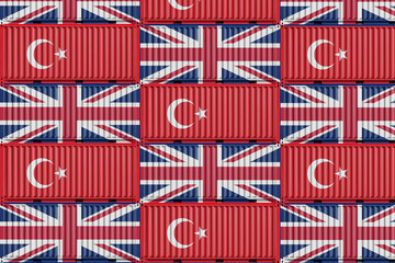 cargo container with United kingdom (uk) and turkey flag. Concept of business and trade between turkey and u.k