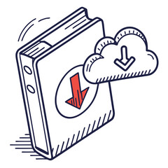 Digital book download concept featuring a cloud and down arrow icon