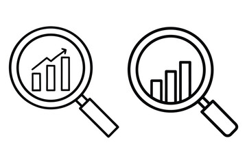 Black outline magnifying glass over bar graph with upward trending arrow chart data
