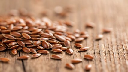 Obraz premium Flax seeds macro shot on textured wood background 
