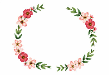 Floral wreath design with pink flowers and green leaves on white background  