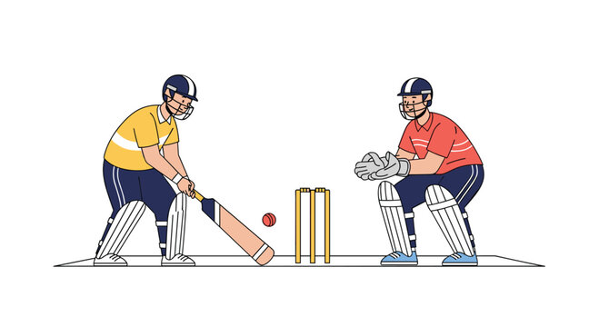 A cricket match scene illustrating a batter facing a bowler in the middle of an exciting game of sport
