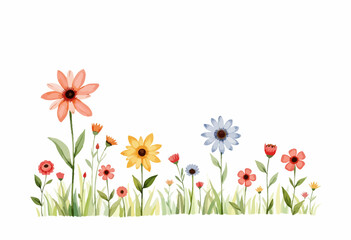 Colorful watercolor flowers in a garden setting on white background  
