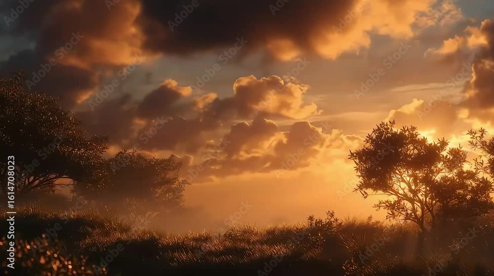 Poster a view of a field with trees and grass under a dramatic sky with orange clouds at sunset time