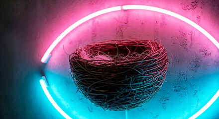 Abstract Nest with Vibrant Neon Lighting Illusion Creating a Futuristic Artistic Display