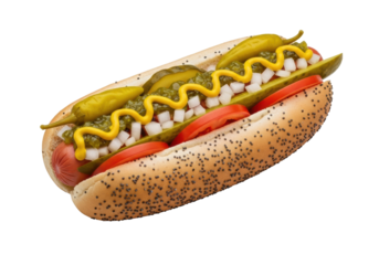 A plump Chicago-style hot dog on poppy seed bun, with classic toppings, on transparent, UHD studio product photo, food advertising concept