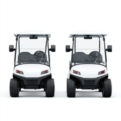 Two identical white golf carts, front view, isolated