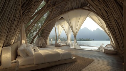 Luxurious open-concept bedroom with wood beams, soft curtains, and serene island view