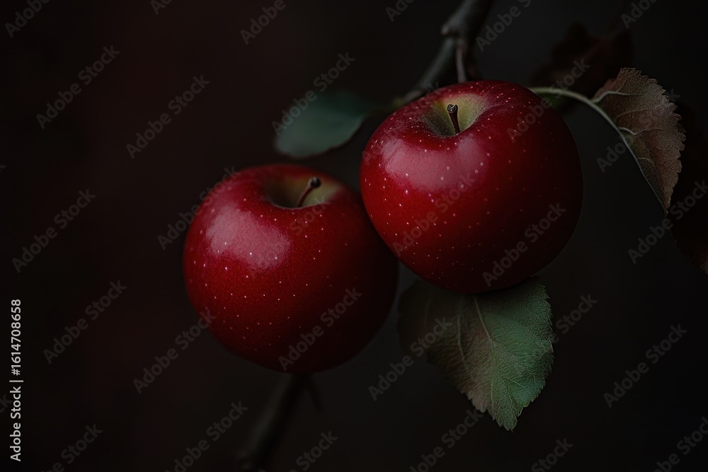 Poster two vibrant red apples on a branch surrounded by dark foliage in a serene garden setting, close-up o