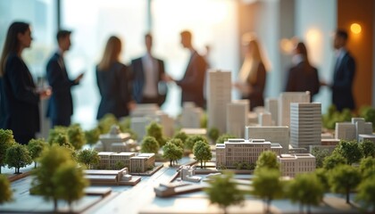 Urban architecture model at real estate event. Professionals discuss development, investment, construction design. City landscape display includes landscaping, community planning, collaboration,
