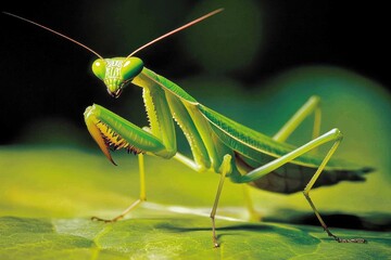 Closeup of a green praying mantis crawling among green leaves in bright sunlight, Close-up of a green praying mantis crawling on the mulberry leaves