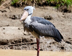 Obraz premium Grey bird with long beak in muddy habitat