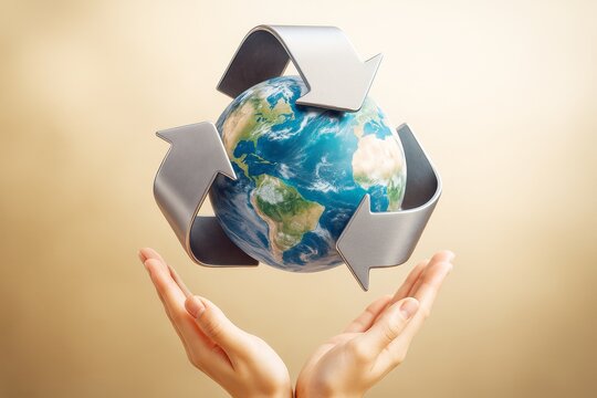 Planet Earth with recycling arrows above open hands on light background symbolizing environmental care and sustainability concept. - Powered by Adobe