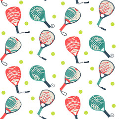 Seamless padel pattern with tennis rackets, balls and sport icons for club design or match background with paddle vector and team game concept