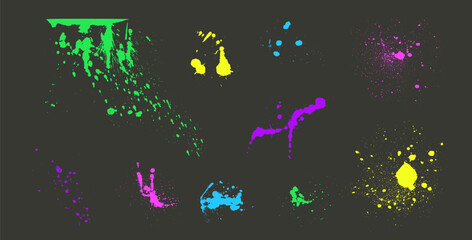Neon colors paint stain liquid textures set. Aerosol can spray splashes. Grunge graffiti art melting drops sand prayed elements. Urban street stencil on wall. Vector graphic acrylic paint messy spots.