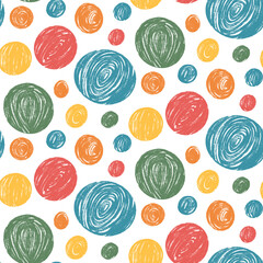 Polka dots multi color seamless pattern. Crayon difrent kids element endless background. Naive simple dot repeat cover. Round green, orange and yellow continuous ornament. Vector illustration.