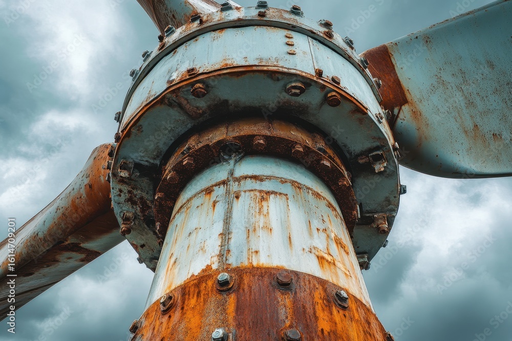 Poster closeup view of an old rusted vertical axis showing signs of weathering and decay, a close-up view o